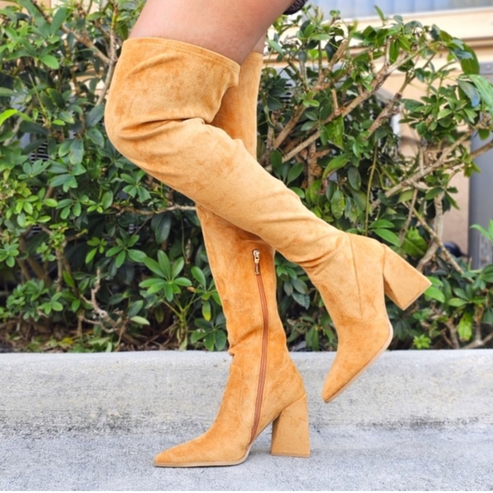 Cape Robbin Tan Over The Knee Pointed Heel Triangle Block Heel 8.5